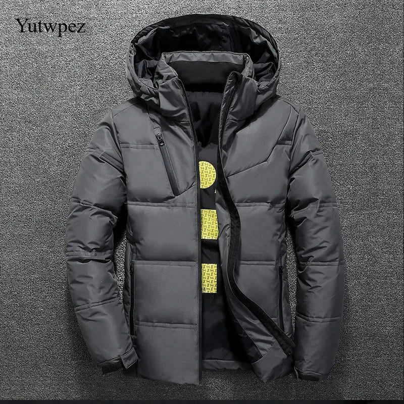 Casaco Casual com Capuz para Caminhadas ao Ar Livre em Cor Sólida, Jaqueta de Penas de Pato Branco para Homens, Casaco de Inverno Masculino à Prova de Vento com Capuz Removível