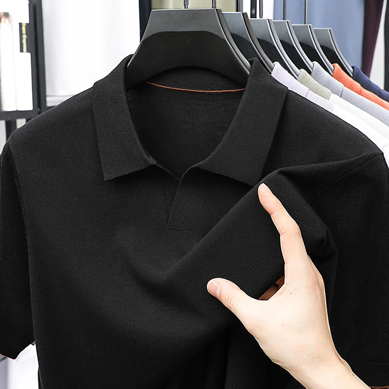 100% Lyocell malhas 2025 homens primavera verão na moda turn down collar malha camisetas manga curta respirável malha topos