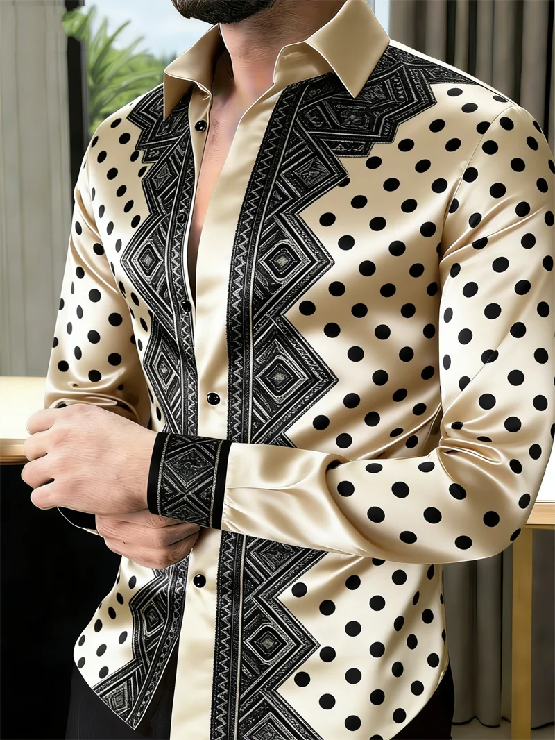 Nova camisa masculina de manga comprida com 11 cores, estampa 3D dourada, padrão de bolinhas moderno, estilo luxuoso.