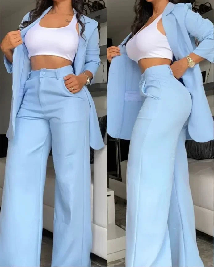Elegante outono feminino blazer e calças conjunto de duas peças roupas femininas moda gola entalhada casaco & bolso design calças terno