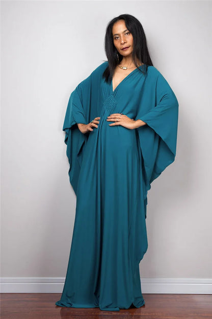 Vestidos Kaftan de Praia Plus Size para Mulheres, com Decote em V e Manga Morcego, em Cores Sólidas, Roupas de Lazer