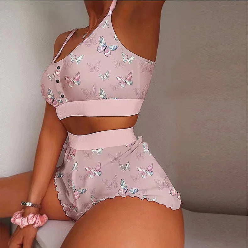 2 peças conjunto de pijama feminino shorts terno impressão múltipla roupa interior sexy lingerie camisolas tanques noite senhoras loungewear homewear