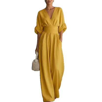 Sexy Deep V Neck Women's Jumpsuits Elegant High Waist Romper Casual Wide Leg Loose Pants Overalls Vacation Outfits MYQ-ZY7723