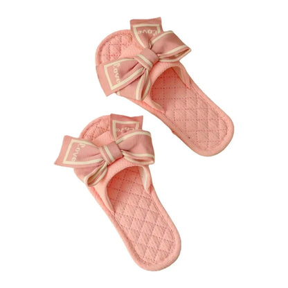 Chinelo de chão com laço Love Bow, plataforma plana e silenciosa, em tecido macio, para uso interno, ideal para mulheres.