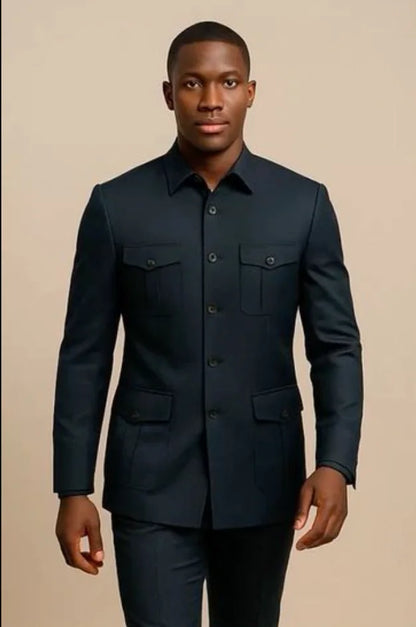 Ternos Casuais Masculinos Safari com Bolsos, Estilo de Moda Chinesa, Ajuste Slim, Terno de Casamento Sob Medida, 2 Peças, Jaqueta e Calças