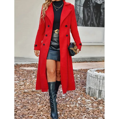 Casaco feminino elegante e versátil de lã, com abotoamento duplo, ideal para o outono e inverno. Perfeito para o escritório.