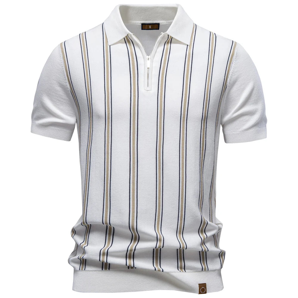 AIOPESON Men's Stripe Polo Shirt Old Money Style Short Sleeve Soft Breathable Casual Elegant Fabric for Comfortable Wear