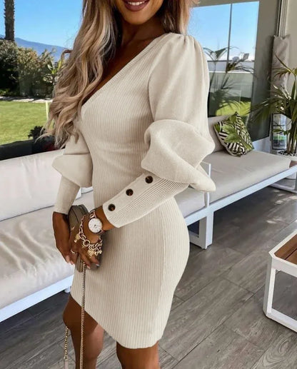 Cpsymym vestidos femininos outono puff gigot manga abotoada casual cor sólida manga longa com decote em v malha bodycon midi vestido