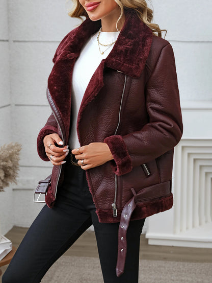 Fitaylor inverno feminino jaqueta de couro de pele do falso casual senhora grosso casaco de couro quente alta rua motocicleta outwear