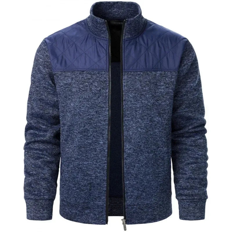 Jaqueta masculina patchwork com gola alta, corte slim, estilo cardigã, streetwear, esportiva, casual, com zíper, ideal para atividades ao ar livre.