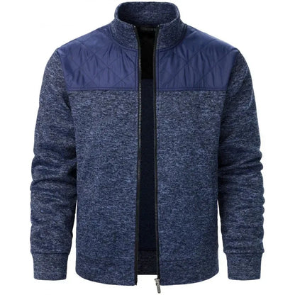 Jaqueta masculina patchwork com gola alta, corte slim, estilo cardigã, streetwear, esportiva, casual, com zíper, ideal para atividades ao ar livre.