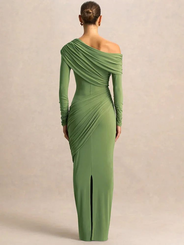 Um ombro manga longa sexy maxi vestido feminino elegante gola inclinada sem costas ruched sólido chique bodycon clube vestidos de festa