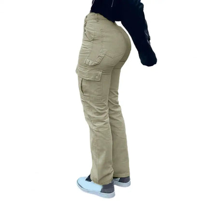 Calças femininas elegantes com botão e zíper, calças cargo de cintura alta com vários bolsos, tecido macio, levantamento de bumbum para mulheres