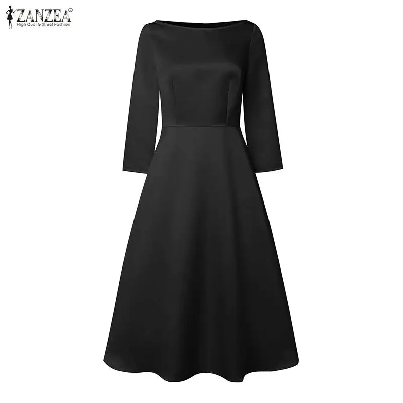 Vestidos Midi Elegantes de Cetim Preto ZANZEA para Mulheres, Decote Canoa, Manga 3/4, Vestido A-Line para Convidadas de Casamento