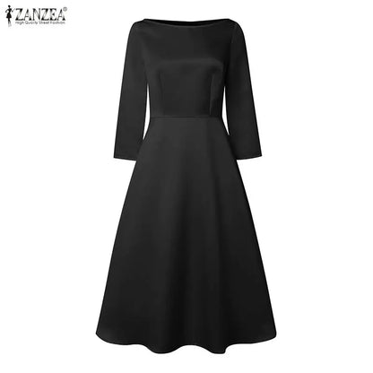 Vestidos Midi Elegantes de Cetim Preto ZANZEA para Mulheres, Decote Canoa, Manga 3/4, Vestido A-Line para Convidadas de Casamento