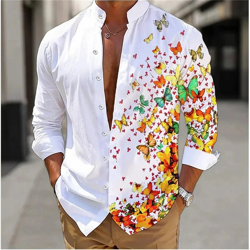 Camisa masculina de manga comprida Camisa impressa em 3D de alta qualidade, padrão floral, primavera e outono, tecido casual e elegante e confortável