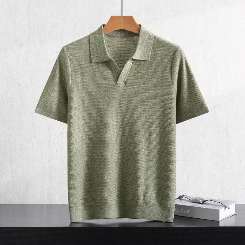 Camiseta Polo Masculina Nova de Verão 100% Liocel, Gola Polo, Cor Sólida, Malha Fina, Pulôver Casual de Negócios, Manga Curta