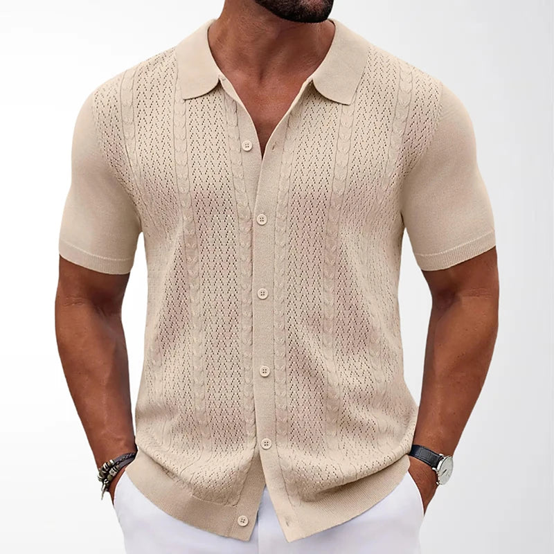 Camisa Polo Masculina Premium de Malha com Botões, Cor Sólida, Manga Curta, Cardigã Vazado, Respirável, Casual, Moda Verão