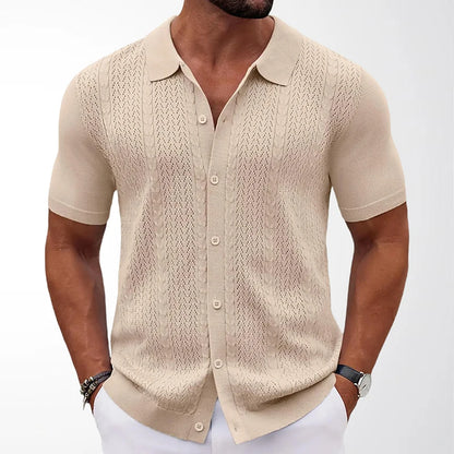 Camisa Polo Masculina Premium de Malha com Botões, Cor Sólida, Manga Curta, Cardigã Vazado, Respirável, Casual, Moda Verão