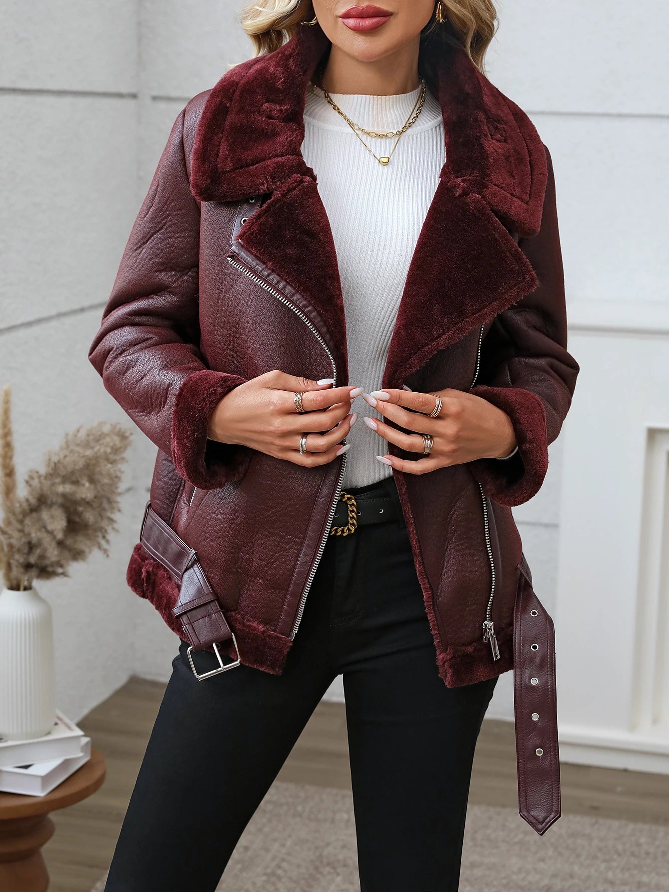 Fitaylor inverno feminino jaqueta de couro de pele do falso casual senhora grosso casaco de couro quente alta rua motocicleta outwear