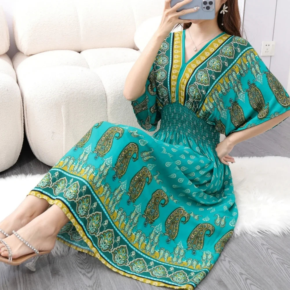 Flor colorida com decote em v elástico jovem boêmio doce midi vestido mulher roupas chique moda vestidos de verão 2025 grande balanço esqui