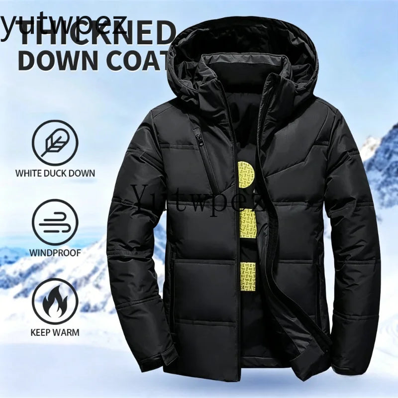 Casaco Casual com Capuz para Exterior, Jaqueta de Plumas Brancas para Homens, Casaco de Inverno Masculino, Impermeável, Capuz Removível, Parkas em Cores Sólidas