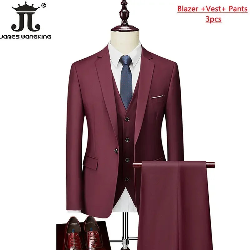 Conjunto de Terno Masculino de 3 Peças (Blazer + Colete + Calça) Tamanhos EUA XXS-3XL, Cor Sólida, Estilo Boutique, para Negócios Oficiais, Casamentos e Festas