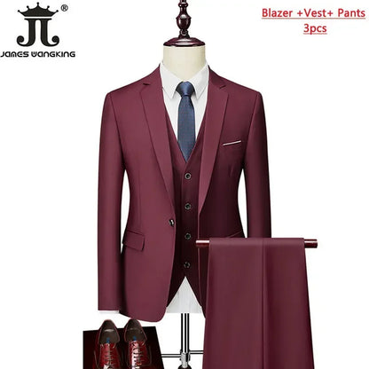 Conjunto de Terno Masculino de 3 Peças (Blazer + Colete + Calça) Tamanhos EUA XXS-3XL, Cor Sólida, Estilo Boutique, para Negócios Oficiais, Casamentos e Festas