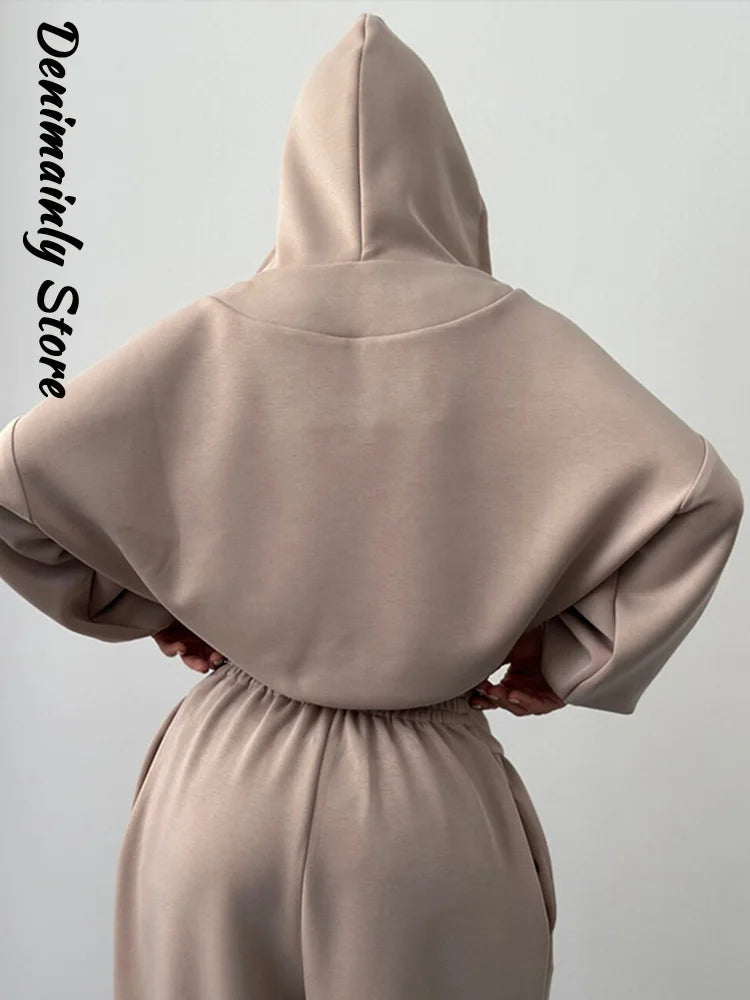 Casual azul escuro recortado calças com capuz conjunto feminino solto curto pulôver cintura alta calças de perna larga 2 peça conjunto 2026 femmes outfit