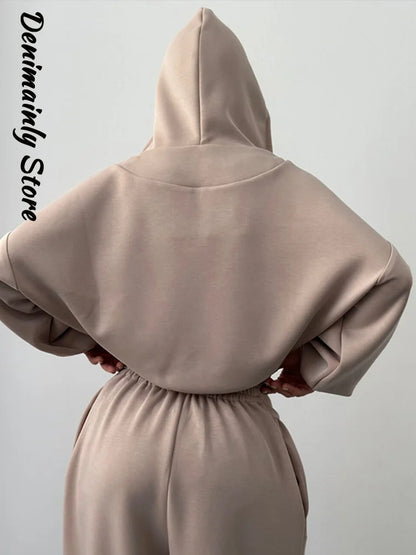 Casual azul escuro recortado calças com capuz conjunto feminino solto curto pulôver cintura alta calças de perna larga 2 peça conjunto 2026 femmes outfit