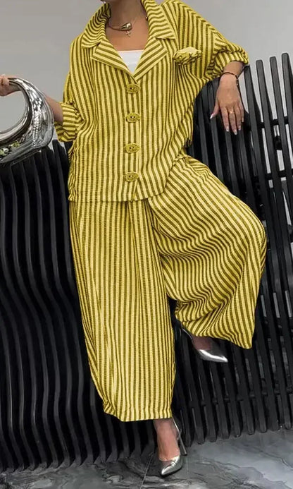 2025 Spring Fall Women's 2 Piece Set Suit Office Lady Floral Striped Loose Blazer Casual Wide Leg Pants Suits For Women Clothing