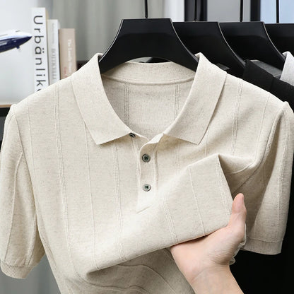 Camisa polo masculina de malha, cor sólida, manga curta, nova, de alta qualidade, luxo, leve, confortável, casual, para o verão.