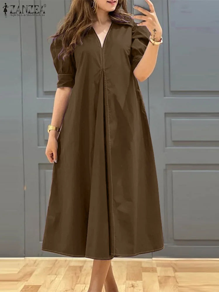 ZANZEA-Vestido plissado com decote em v feminino, monocromático, Puff manga curta, vestido Midi, solto, grandes dimensões, street fashion, verão, elegante, 2024
