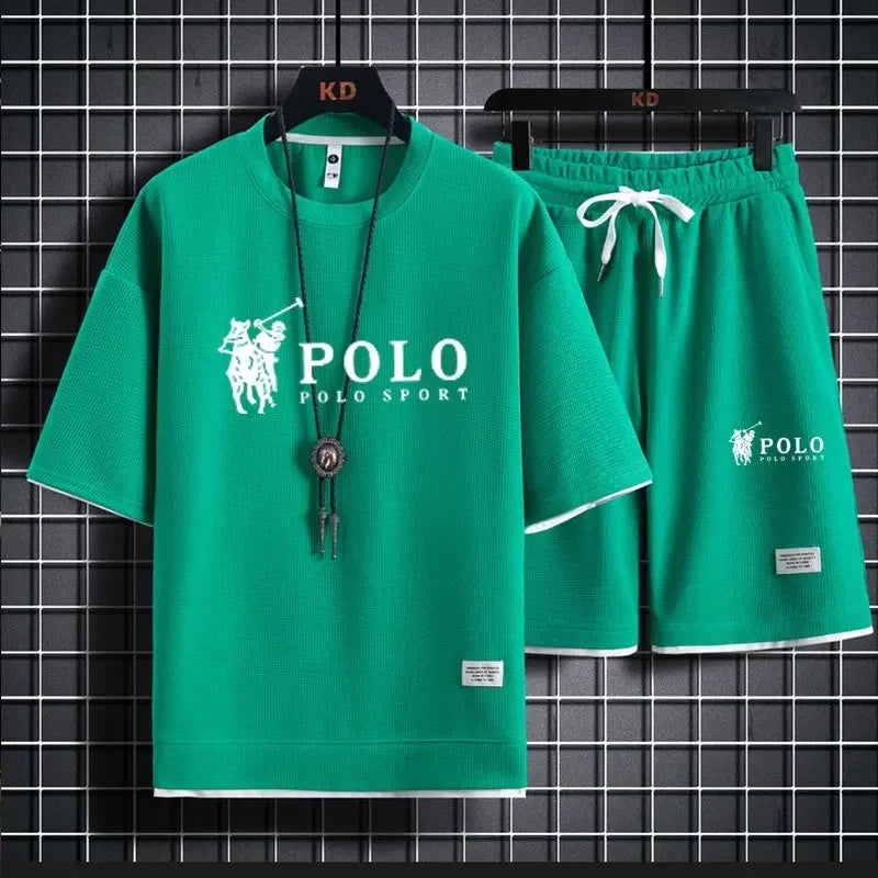 2025 camiseta masculina de manga curta + shorts esportivos de duas peças verão moda respirável fitness casual jogging conjunto.