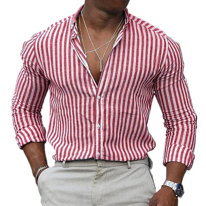 Nova camisa listrada masculina manga longa impressão respirável t camisas lapela camisas básicas para homem leve camisa havaiana streetwear