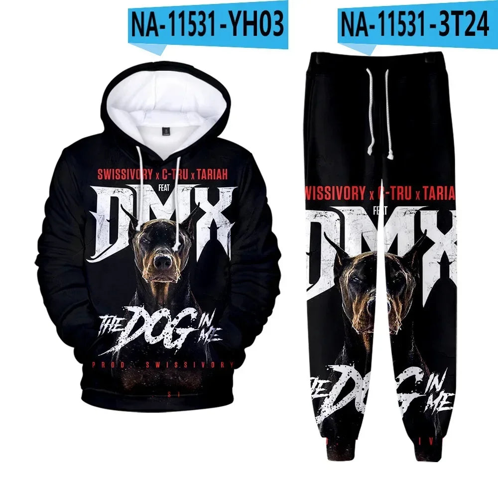 Hip hop rapper dmx impressão 3d conjuntos de treino masculino moda terno esportivo moletom com capuz + moletom roupas masculinas 2 peças conjunto