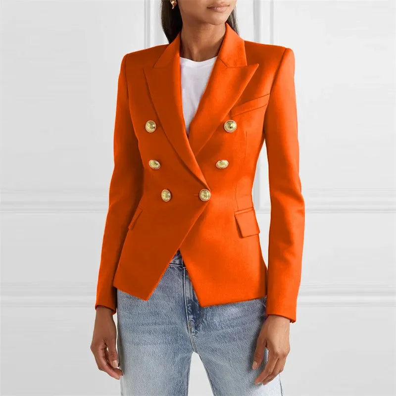 Blazer feminino de alfaiataria, modelo slim, estilo europeu/americano, para primavera/outono, com abotoamento duplo.