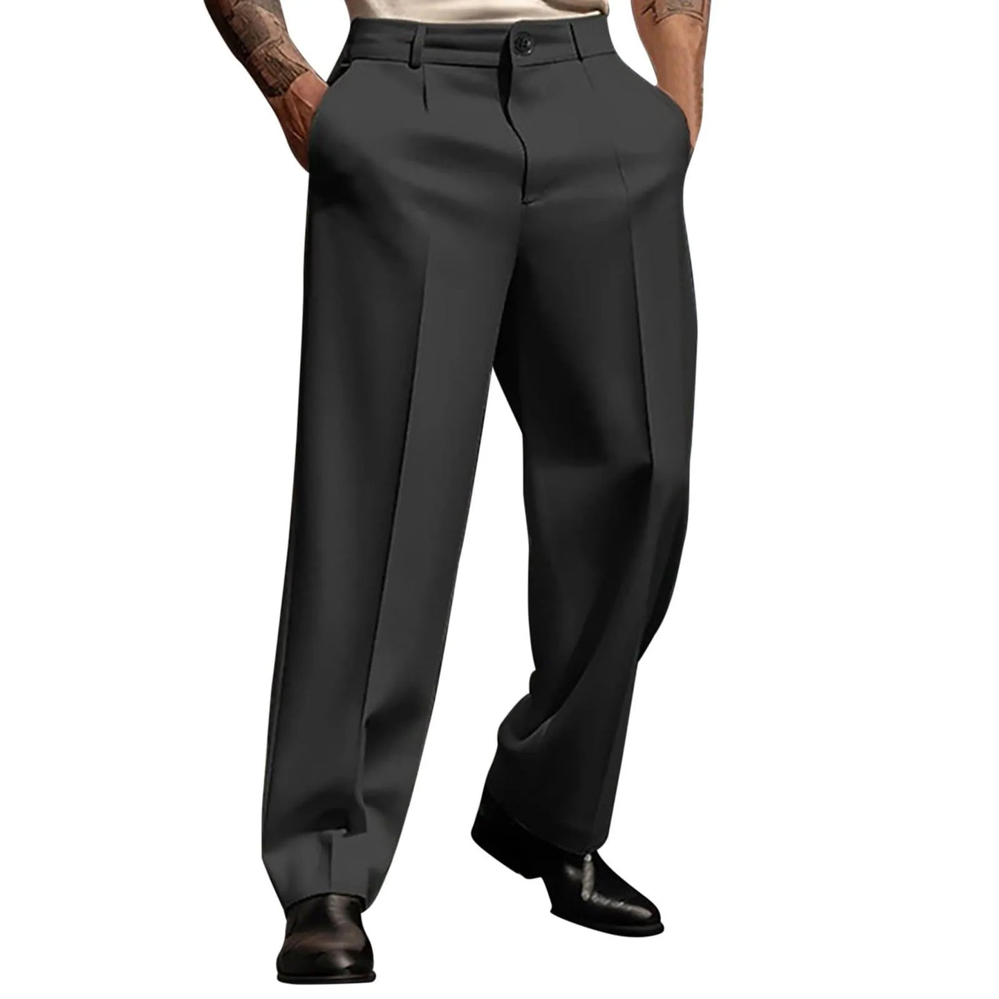 Calças de terno masculino moda perna reta respirável calças casuais cor pura bolso uso diário ajuste confortável