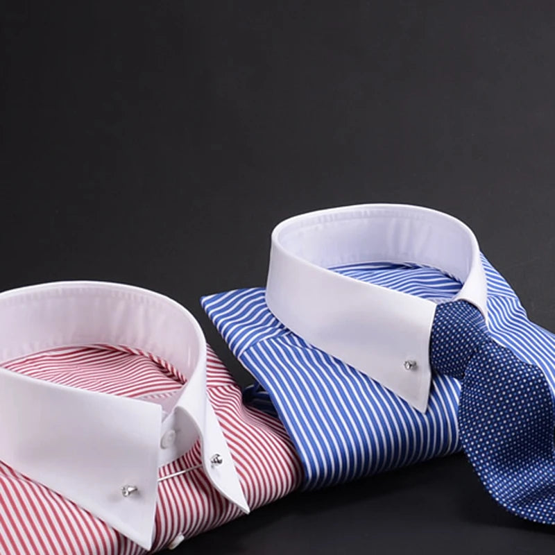 Camisa francesa justa-fit listrada masculina, gola império, manga longa, tendência de negócios