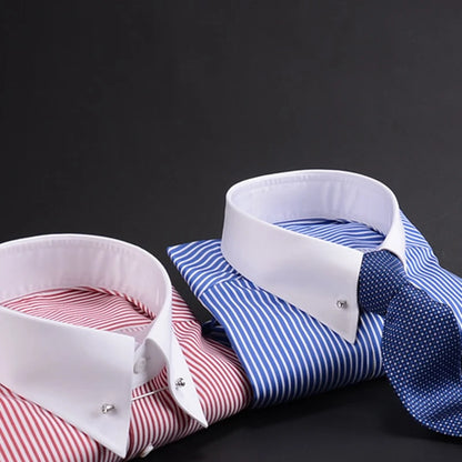 Camisa francesa justa-fit listrada masculina, gola império, manga longa, tendência de negócios