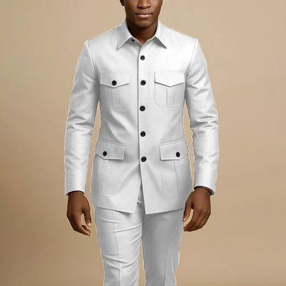 Terno Masculino Marrom de Quatro Bolsos com Lapela Pontiaguda, Casual de Negócios, Formal, Slim Fit, Conjunto de 2 Peças (Jaqueta e Calça)