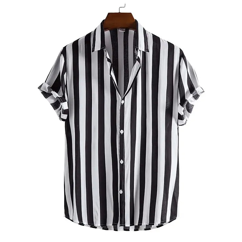 Listrado simples camisa masculina casual solto lapela cardigan topo tamanho grande camisa de manga curta masculina high-end confortável e simples