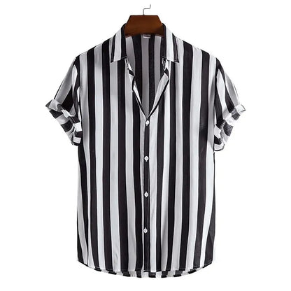 Listrado simples camisa masculina casual solto lapela cardigan topo tamanho grande camisa de manga curta masculina high-end confortável e simples