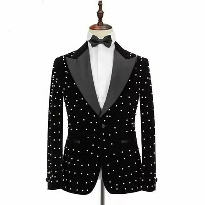 Terno de casamento masculino de luxo personalizado, lapela repicada, pérolas, smoking para noivo, veludo preto, para festa de baile, baile,иджак