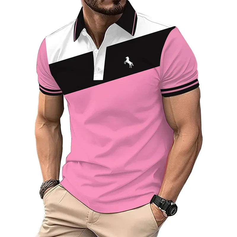 Men Slim Fit Color Block Polo Shirt Deer Embroidery Short Sleeve Breathable Business Casual Fashion Top For Summer Daily Wear