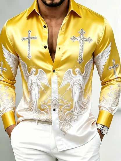 Nova camisa masculina de manga comprida com estampa geométrica dourada e detalhes em diamante, com caimento suave e lapela de cetim.