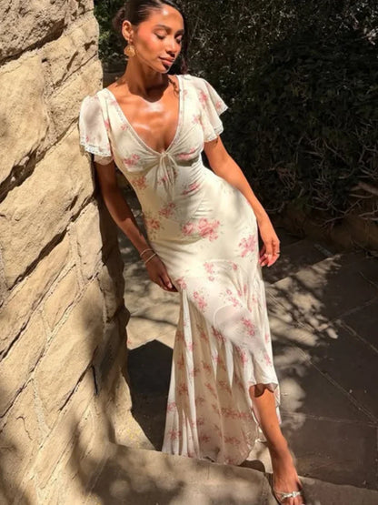 Vestido Longo Plissado com Mangas Borboleta para Mulheres, Decote V Profundo, Estampa Floral, Sexy, com Cintura Ajustável, Vestidos Femininos para Férias e Passeio