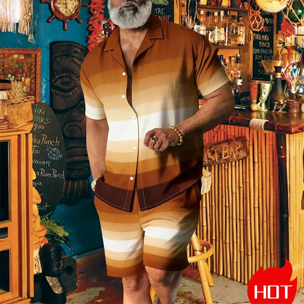Conjunto masculino de verão com listras e padrão fashion, conjunto de duas peças, estilo casual havaiano, conjunto masculino de duas peças respirável.