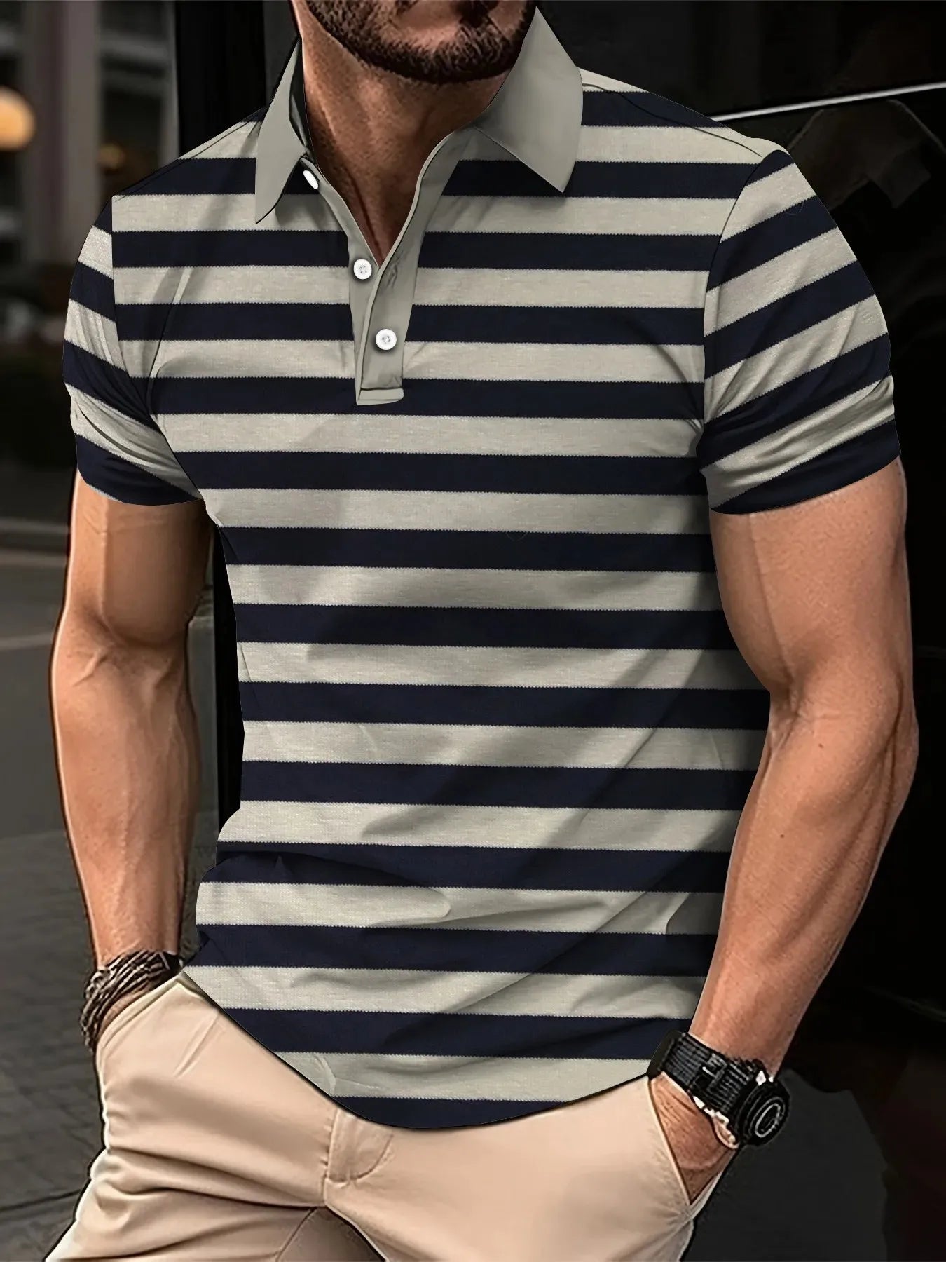 2026 Summer Men's Polo Shirt with Stripes Print Breathable Lightweight Casual Fashionable Outdoor Men's Clothing