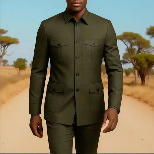 Ternos Casuais Masculinos Safari com Bolsos, Estilo de Moda Chinesa, Ajuste Slim, Terno de Casamento Sob Medida, 2 Peças, Jaqueta e Calças